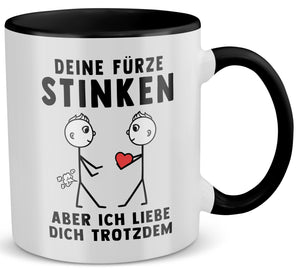 22Feels® Schwuler Mann Geschenk zum Jahrestag, Hochzeitstag, Valentinstag etc. - Tasse mit Spruch: Deine Fürze Stinken (Weiss-Schwarz, 320ml)-TwoTone Tasse Weiss-Schwarz 320ml-22Feels