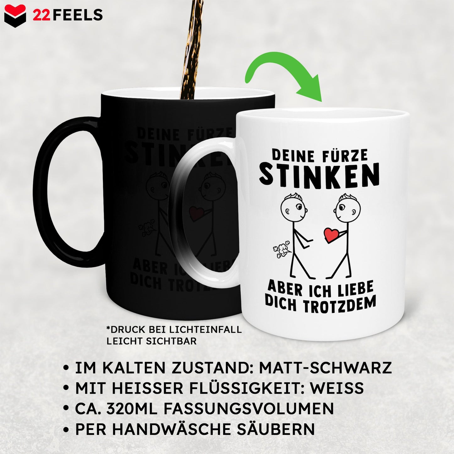 22Feels® Schwuler Mann Geschenk zum Jahrestag, Hochzeitstag, Valentinstag etc. - Zaubertasse mit Spruch: Deine Fürze Stinken (Matt-Schwarz und Weiss, 320ml)-Farbwechsel Tasse Matt 320ml-22Feels