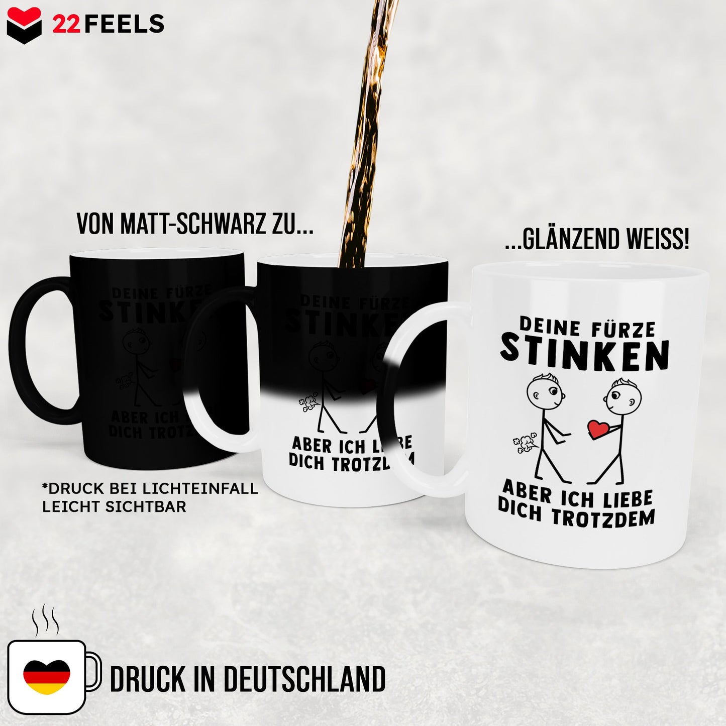 22Feels® Schwuler Mann Geschenk zum Jahrestag, Hochzeitstag, Valentinstag etc. - Zaubertasse mit Spruch: Deine Fürze Stinken (Matt-Schwarz und Weiss, 320ml)-Farbwechsel Tasse Matt 320ml-22Feels