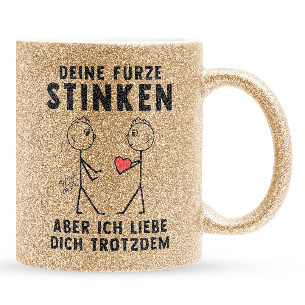 22Feels® Schwuler Mann Geschenk zum Jahrestag, Hochzeitstag, Valentinstag etc. - Glitzertasse mit Spruch: Deine Fürze Stinken (Gold, 320ml)-Glitzertasse Gold 320ml-22Feels