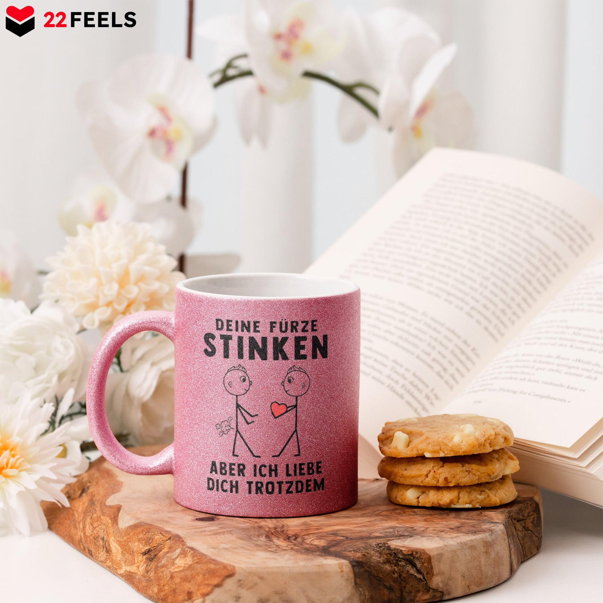 22Feels® Schwuler Mann Geschenk zum Jahrestag, Hochzeitstag, Valentinstag etc. - Glitzertasse mit Spruch: Deine Fürze Stinken (Pink, 320ml)-Glitzertasse Pink 320ml-22Feels