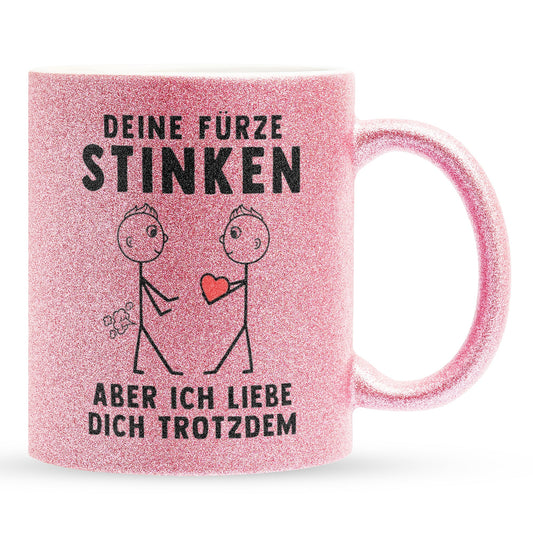 22Feels® Schwuler Mann Geschenk zum Jahrestag, Hochzeitstag, Valentinstag etc. - Glitzertasse mit Spruch: Deine Fürze Stinken (Pink, 320ml)-Glitzertasse Pink 320ml-22Feels