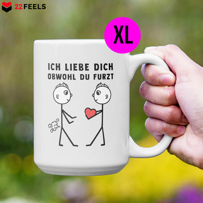 22Feels® Schwuler Mann Geschenk zum Jahrestag, Hochzeitstag, Valentinstag etc. - XL Tasse mit Spruch: Ich liebe dich, obwohl du furzt (Weiss, 440ml)-Weisse XL Tasse 440ml-22Feels