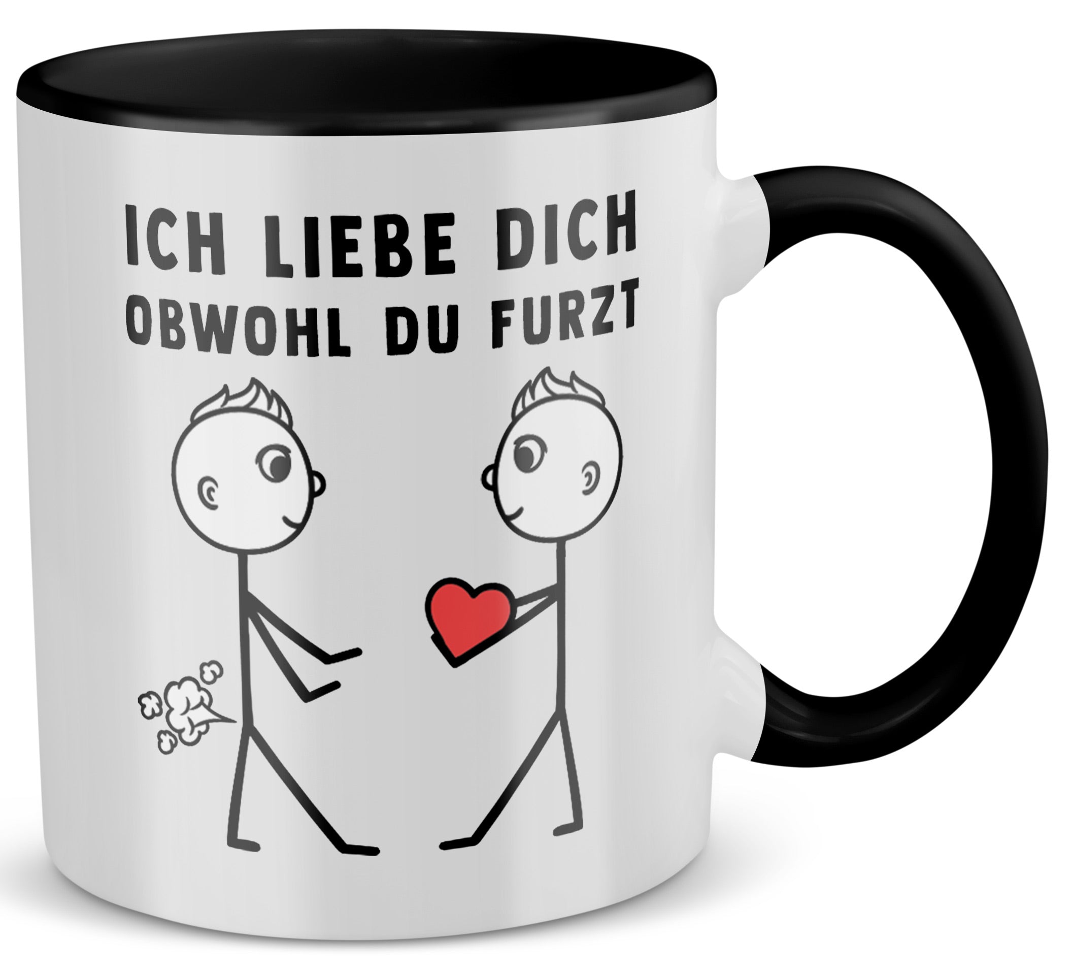 22Feels® Schwuler Mann Geschenk zum Jahrestag, Hochzeitstag, Valentinstag etc. - Tasse mit Spruch: Ich liebe dich, obwohl du furzt (Weiss-Schwarz, 320ml)-TwoTone Tasse Weiss-Schwarz 320ml-22Feels