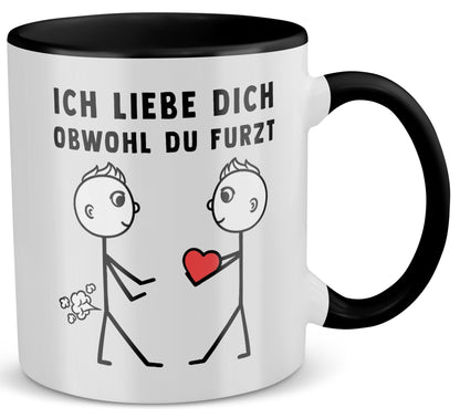 22Feels® Schwuler Mann Geschenk zum Jahrestag, Hochzeitstag, Valentinstag etc. - Tasse mit Spruch: Ich liebe dich, obwohl du furzt (Weiss-Schwarz, 320ml)-TwoTone Tasse Weiss-Schwarz 320ml-22Feels