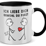 22Feels® Schwuler Mann Geschenk zum Jahrestag, Hochzeitstag, Valentinstag etc. - Tasse mit Spruch: Ich liebe dich, obwohl du furzt (Weiss-Schwarz, 320ml)-TwoTone Tasse Weiss-Schwarz 320ml-22Feels