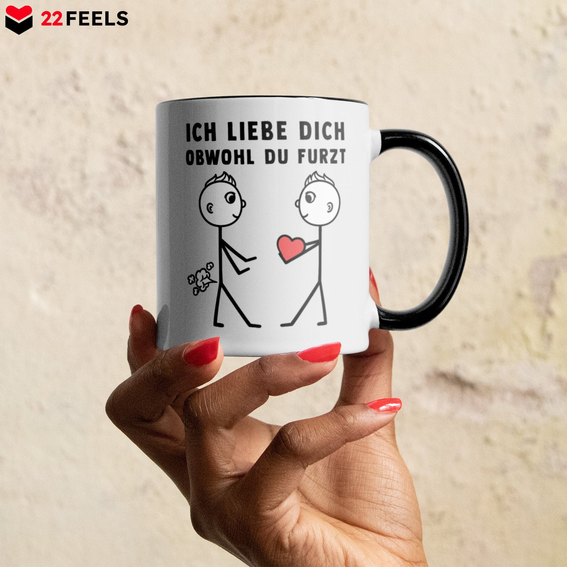 22Feels® Schwuler Mann Geschenk zum Jahrestag, Hochzeitstag, Valentinstag etc. - Tasse mit Spruch: Ich liebe dich, obwohl du furzt (Weiss-Schwarz, 320ml)-TwoTone Tasse Weiss-Schwarz 320ml-22Feels