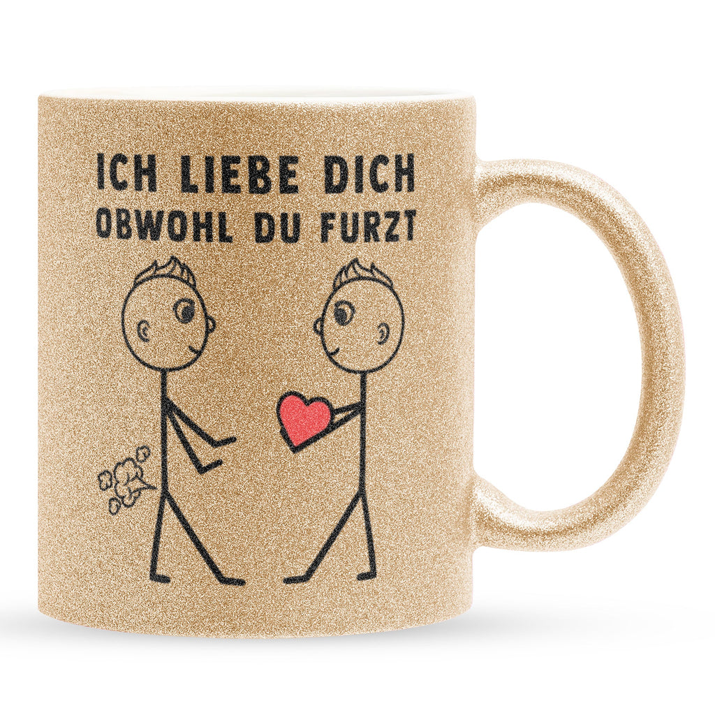 22Feels® Schwuler Mann Geschenk zum Jahrestag, Hochzeitstag, Valentinstag etc. - Glitzertasse mit Spruch: Ich liebe dich, obwohl du furzt (Gold, 320ml)-Glitzertasse Gold 320ml-22Feels