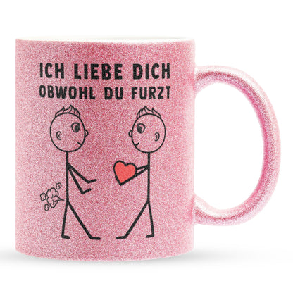 22Feels® Schwuler Mann Geschenk zum Jahrestag, Hochzeitstag, Valentinstag etc. - Glitzertasse mit Spruch: Ich liebe dich, obwohl du furzt (Pink, 320ml)-Glitzertasse Pink 320ml-22Feels