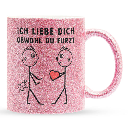 22Feels® Schwuler Mann Geschenk zum Jahrestag, Hochzeitstag, Valentinstag etc. - Glitzertasse mit Spruch: Ich liebe dich, obwohl du furzt (Pink, 320ml)-Glitzertasse Pink 320ml-22Feels