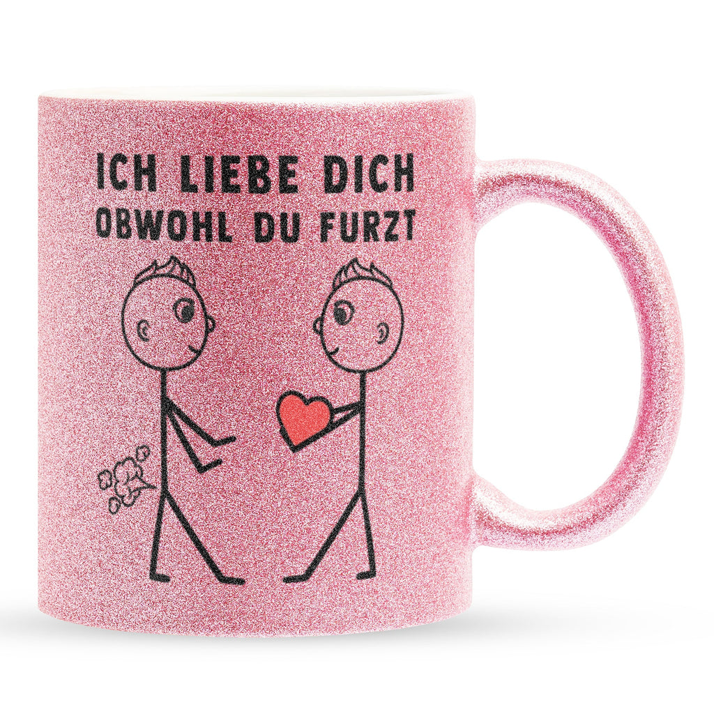 22Feels® Schwuler Mann Geschenk zum Jahrestag, Hochzeitstag, Valentinstag etc. - Glitzertasse mit Spruch: Ich liebe dich, obwohl du furzt (Pink, 320ml)-Glitzertasse Pink 320ml-22Feels