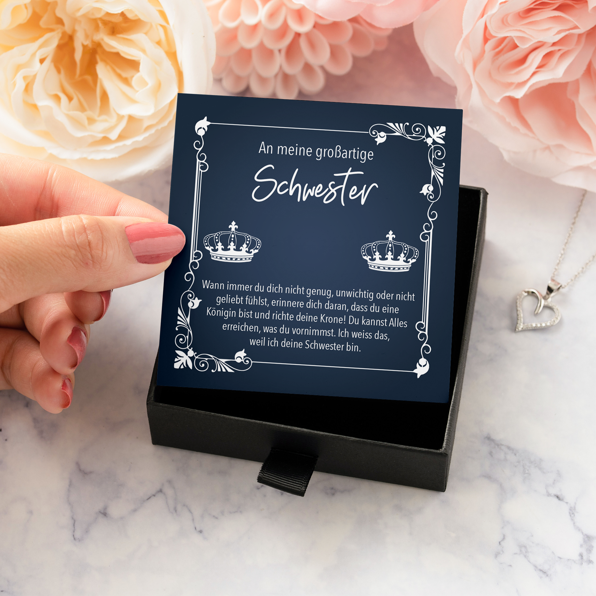 22Feels® Schwester Geschenk - Echt Silber 925/000 Schmuckset: Herz Halskette mit Botschaftskarte-Schmuck mit Botschaftskarte - Herz21-22Feels