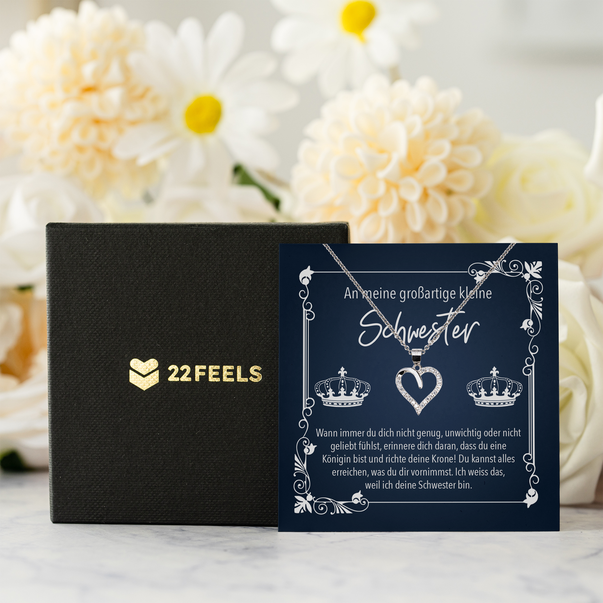 22Feels® Kleine Schwester Geschenk - Echt Silber 925/000 Schmuckset: Herz Halskette mit Botschaftskarte-Schmuck mit Botschaftskarte - Herz21-22Feels