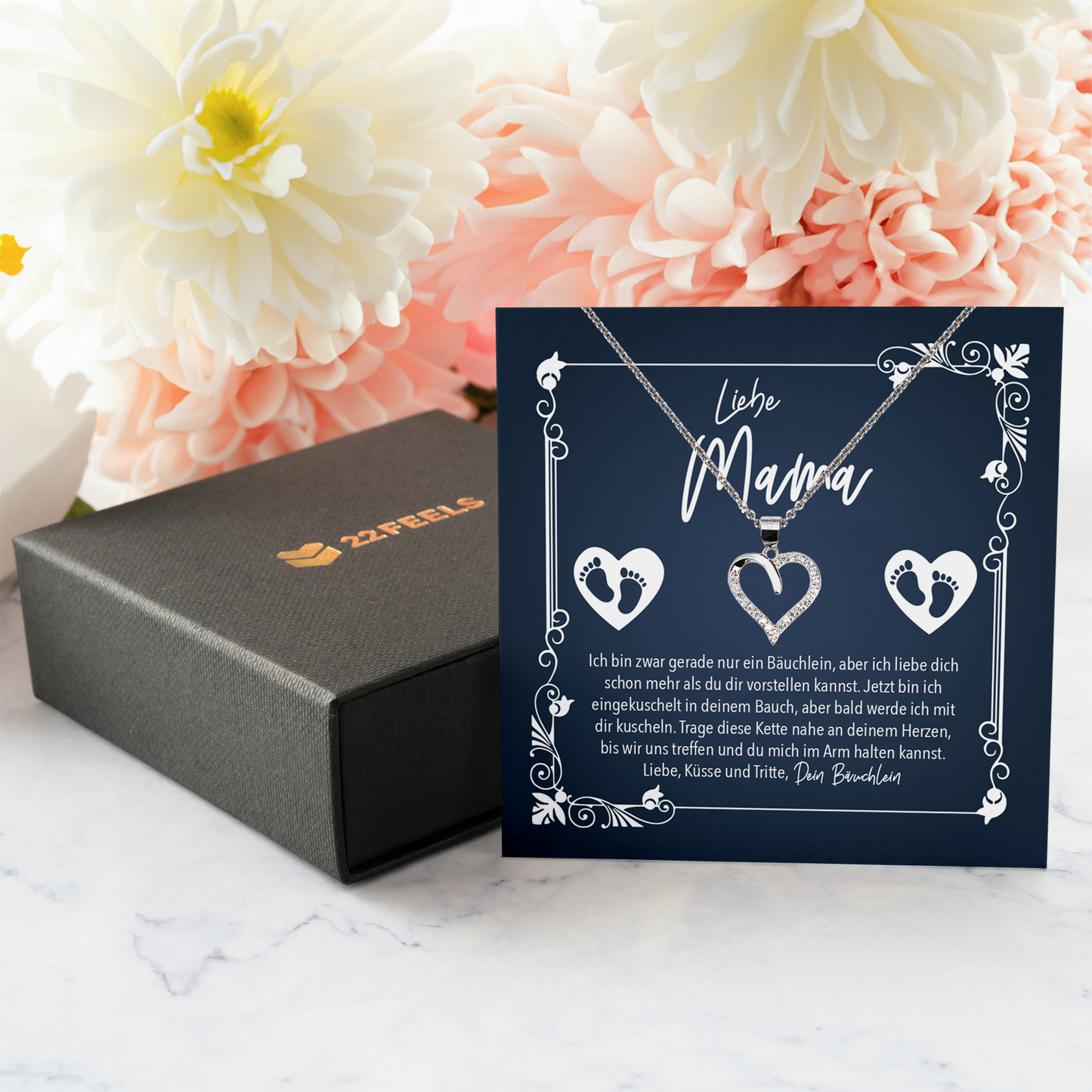 22Feels® Werdende Mama Geschenk zur Schwangerschaft - Echt Silber 925/000 Schmuckset: Herz Halskette mit Botschaftskarte-Schmuck mit Botschaftskarte - Herz21-22Feels