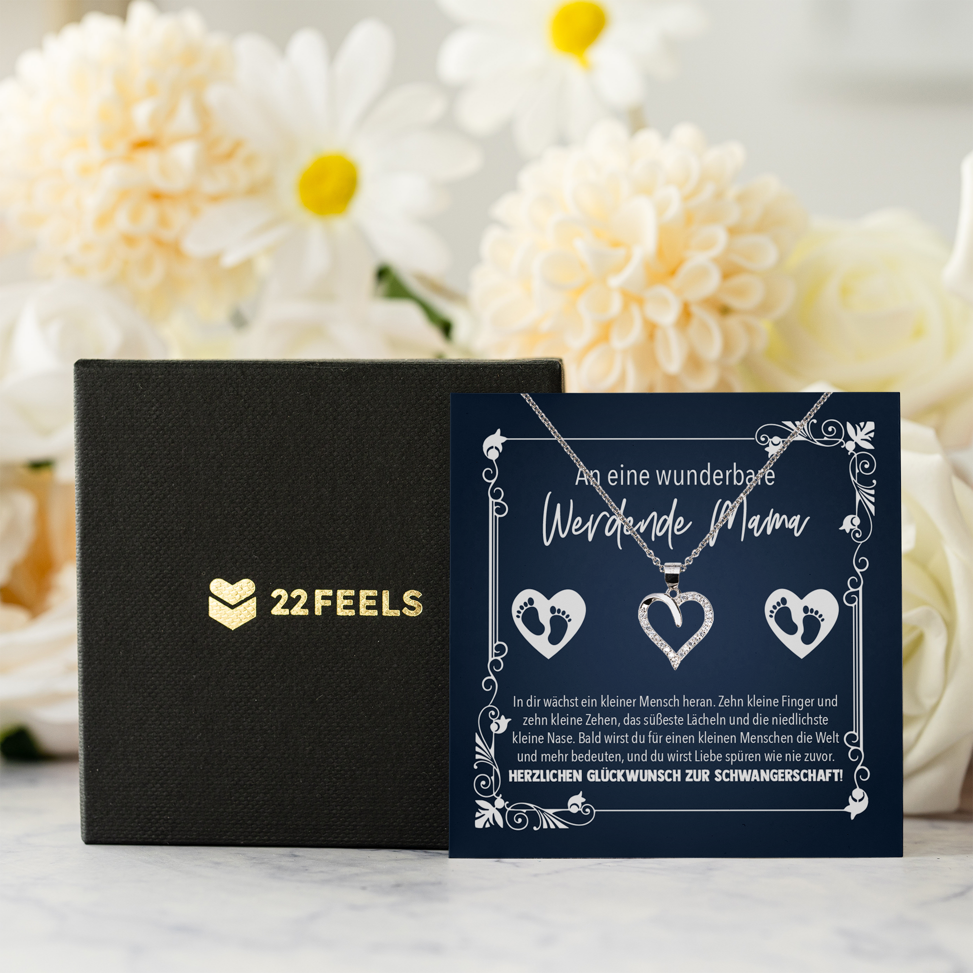 22Feels® Werdende Mama Geschenk zur Schwangerschaft - Echt Silber 925/000 Schmuckset: Herz Halskette mit Botschaftskarte-Schmuck mit Botschaftskarte - Herz21-22Feels