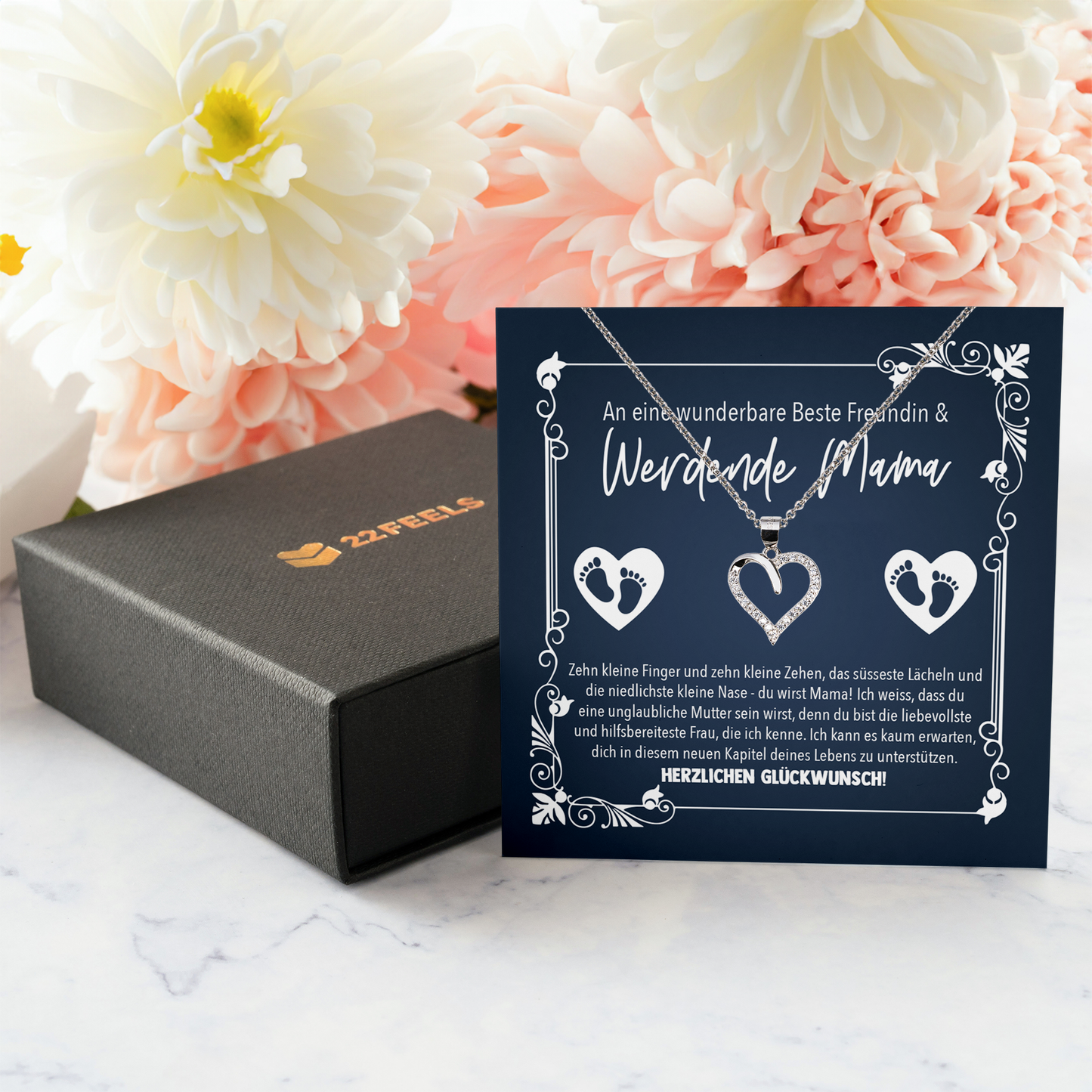 22Feels® Werdende Mama Geschenk zur Schwangerschaft - Echt Silber 925/000 Schmuckset: Herz Halskette mit Botschaftskarte-Schmuck mit Botschaftskarte - Herz21-22Feels