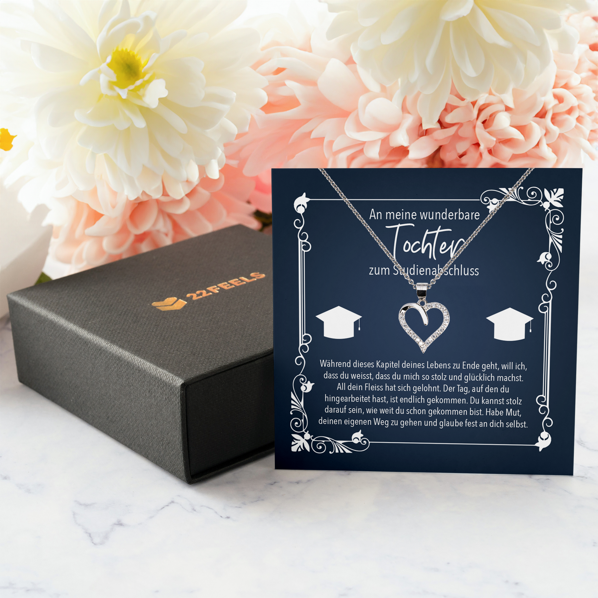22Feels® Tochter Geschenk zum Universitätsabschluss - Echt Silber 925/000 Schmuckset: Herz Halskette mit Botschaftskarte-Schmuck mit Botschaftskarte - Herz21-22Feels