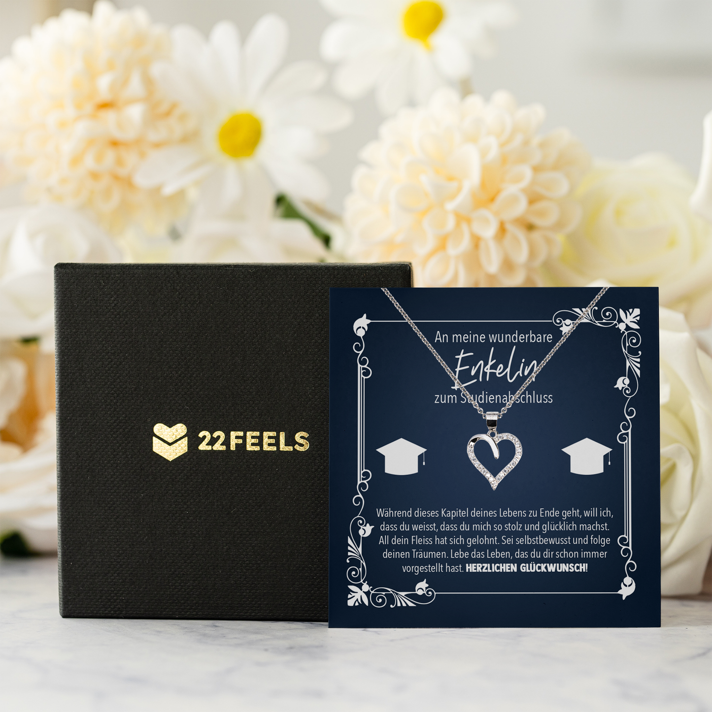 22Feels® Enkelin Geschenk zum Universitätsabschluss - Echt Silber 925/000 Schmuckset: Herz Halskette mit Botschaftskarte-Schmuck mit Botschaftskarte - Herz21-22Feels