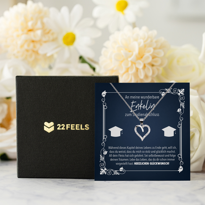 22Feels® Enkelin Geschenk zum Universitätsabschluss - Echt Silber 925/000 Schmuckset: Herz Halskette mit Botschaftskarte-Schmuck mit Botschaftskarte - Herz21-22Feels