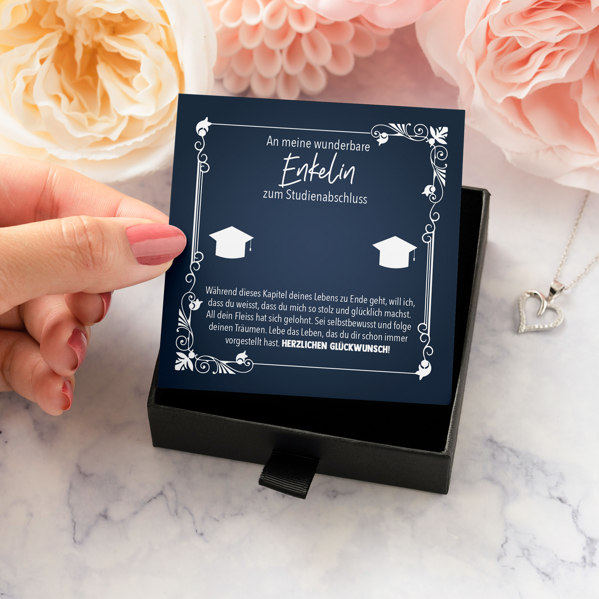 22Feels® Enkelin Geschenk zum Universitätsabschluss - Echt Silber 925/000 Schmuckset: Herz Halskette mit Botschaftskarte-Schmuck mit Botschaftskarte - Herz21-22Feels