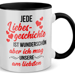 22Feels® Pärchen Geschenk zum Jahrestag, Hochzeitstag, Valentinstag etc. - Tasse mit Spruch: Jede Liebesgeschichte (Weiss-Schwarz, 320ml)-TwoTone Tasse Weiss-Schwarz 320ml-22Feels