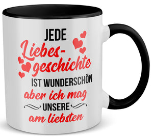 22Feels® Pärchen Geschenk zum Jahrestag, Hochzeitstag, Valentinstag etc. - Tasse mit Spruch: Jede Liebesgeschichte (Weiss-Schwarz, 320ml)-TwoTone Tasse Weiss-Schwarz 320ml-22Feels