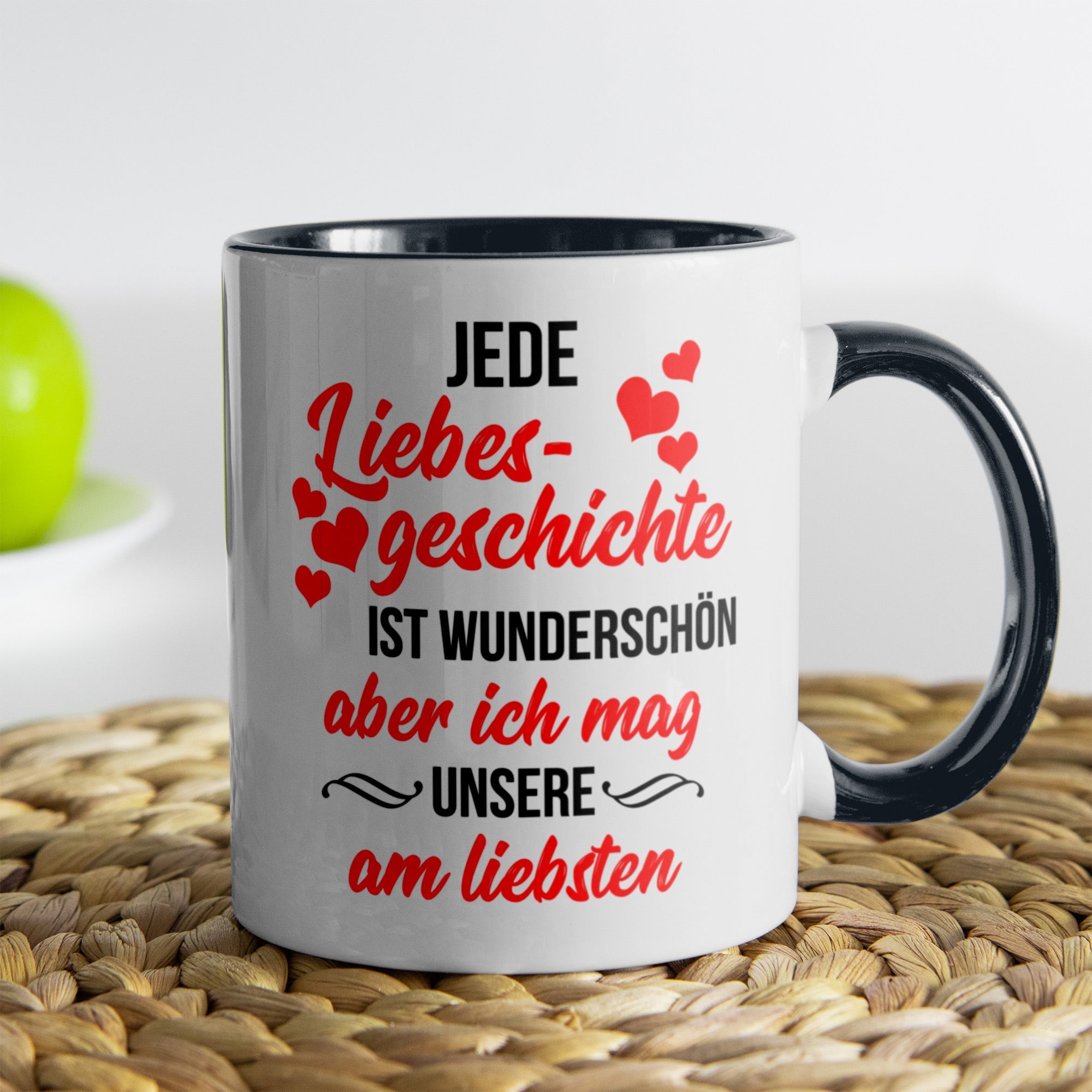 22Feels® Pärchen Geschenk zum Jahrestag, Hochzeitstag, Valentinstag etc. - Tasse mit Spruch: Jede Liebesgeschichte (Weiss-Schwarz, 320ml)-TwoTone Tasse Weiss-Schwarz 320ml-22Feels