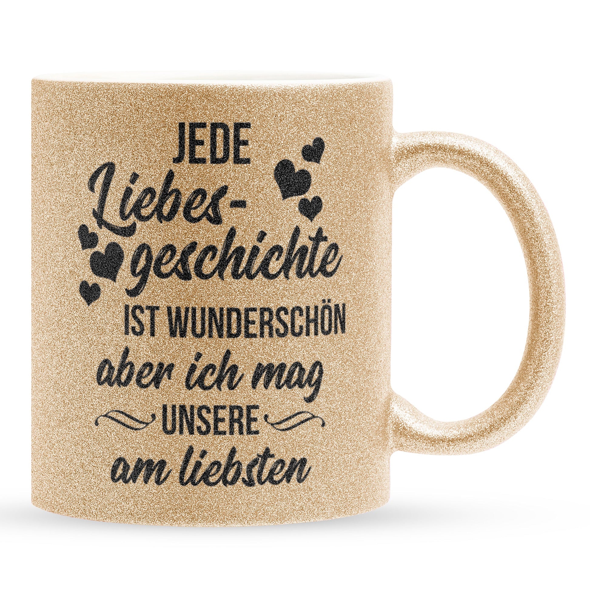 22Feels® Pärchen Geschenk zum Jahrestag, Hochzeitstag, Valentinstag etc. - Glitzertasse mit Spruch: Jede Liebesgeschichte (Gold, 320ml)-Glitzertasse Gold 320ml-22Feels