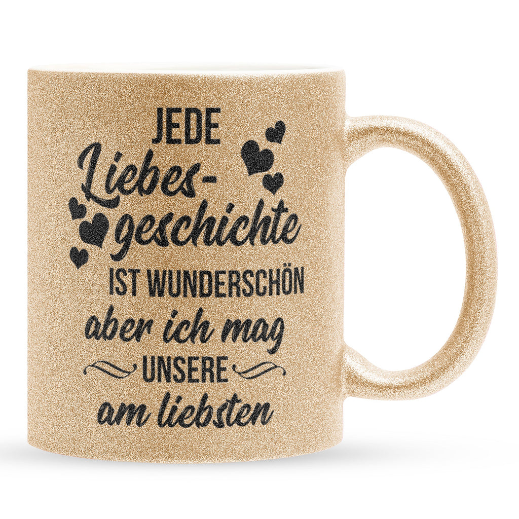 22Feels® Pärchen Geschenk zum Jahrestag, Hochzeitstag, Valentinstag etc. - Glitzertasse mit Spruch: Jede Liebesgeschichte (Gold, 320ml)-Glitzertasse Gold 320ml-22Feels