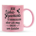 22Feels® Pärchen Geschenk zum Jahrestag, Hochzeitstag, Valentinstag etc. - Glitzertasse mit Spruch: Jede Liebesgeschichte (Pink, 320ml)-Glitzertasse Pink 320ml-22Feels