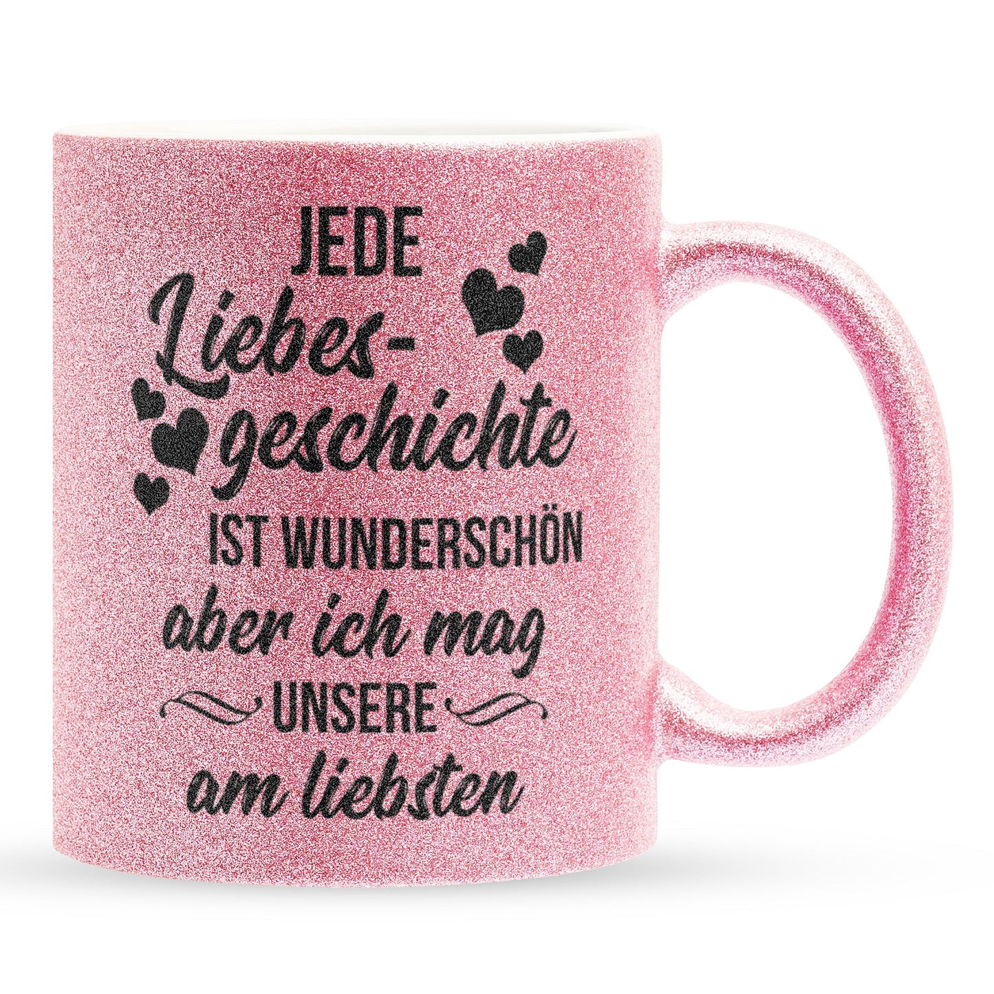 22Feels® Pärchen Geschenk zum Jahrestag, Hochzeitstag, Valentinstag etc. - Glitzertasse mit Spruch: Jede Liebesgeschichte (Pink, 320ml)-Glitzertasse Pink 320ml-22Feels