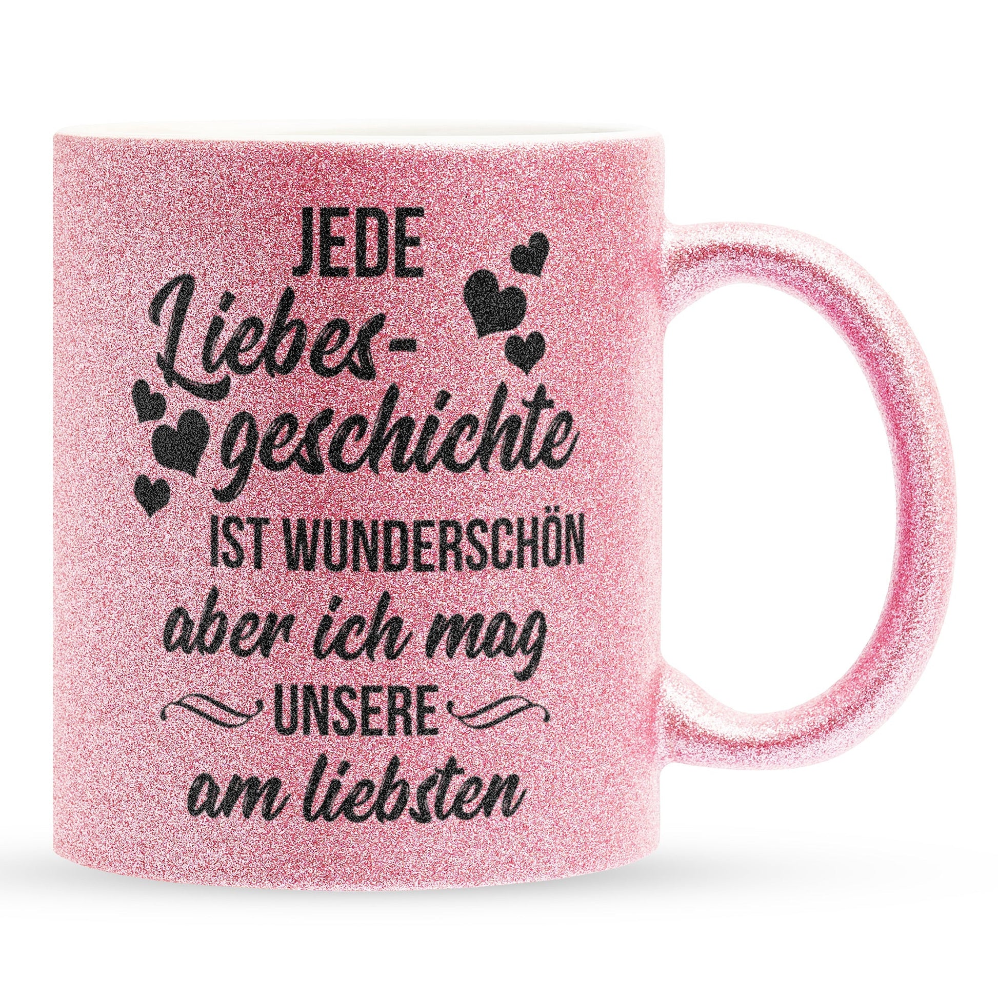 22Feels® Pärchen Geschenk zum Jahrestag, Hochzeitstag, Valentinstag etc. - Glitzertasse mit Spruch: Jede Liebesgeschichte (Pink, 320ml)-Glitzertasse Pink 320ml-22Feels