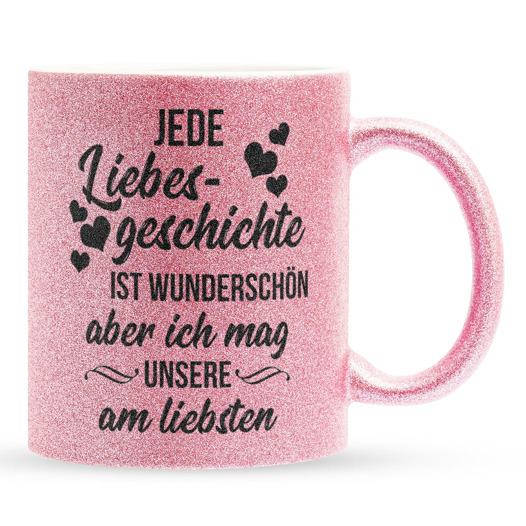 22Feels® Pärchen Geschenk zum Jahrestag, Hochzeitstag, Valentinstag etc. - Glitzertasse mit Spruch: Jede Liebesgeschichte (Pink, 320ml)-Glitzertasse Pink 320ml-22Feels