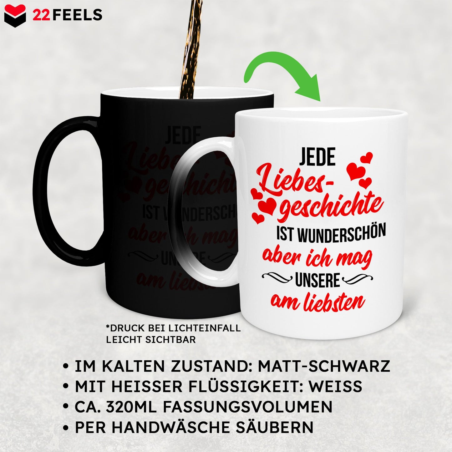 22Feels® Pärchen Geschenk zum Jahrestag, Hochzeitstag, Valentinstag etc. - Zaubertasse mit Spruch: Jede Liebesgeschichte (Matt-Schwarz und Weiss, 320ml)-Farbwechsel Tasse Matt 320ml-22Feels