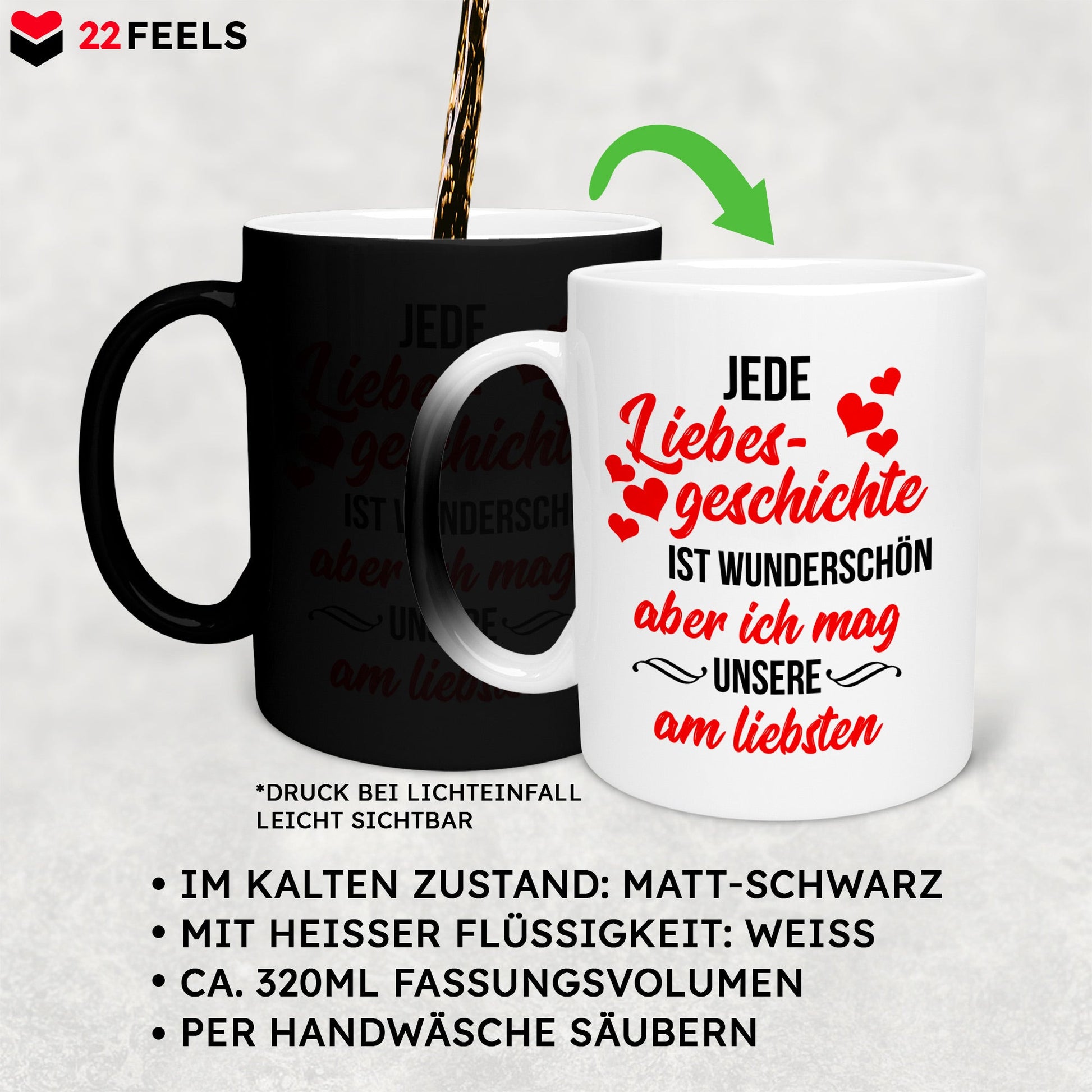 22Feels® Pärchen Geschenk zum Jahrestag, Hochzeitstag, Valentinstag etc. - Zaubertasse mit Spruch: Jede Liebesgeschichte (Matt-Schwarz und Weiss, 320ml)-Farbwechsel Tasse Matt 320ml-22Feels
