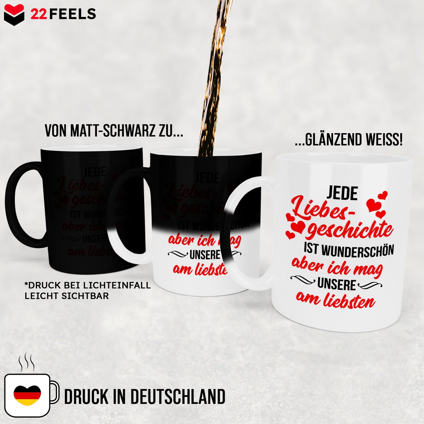 22Feels® Pärchen Geschenk zum Jahrestag, Hochzeitstag, Valentinstag etc. - Zaubertasse mit Spruch: Jede Liebesgeschichte (Matt-Schwarz und Weiss, 320ml)-Farbwechsel Tasse Matt 320ml-22Feels