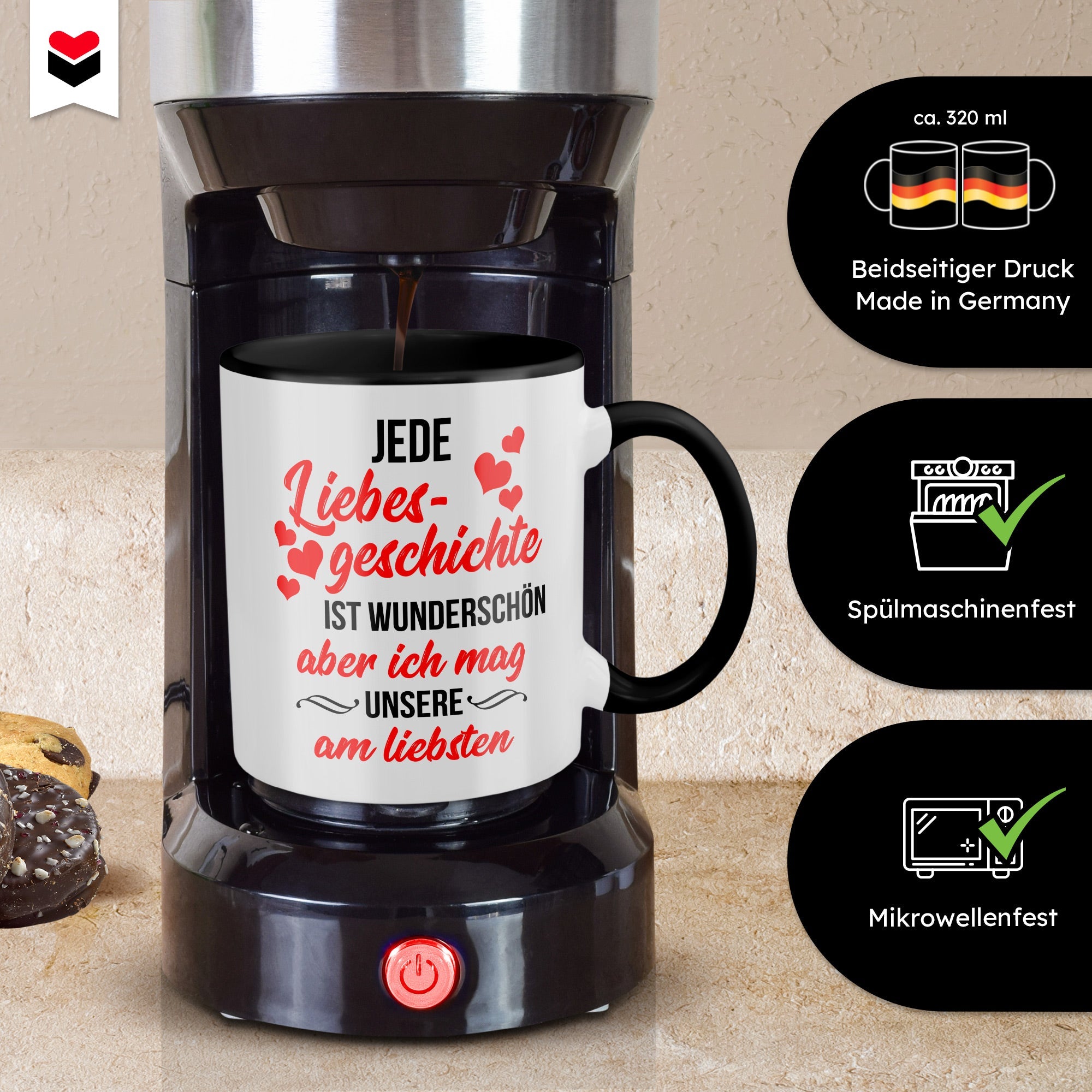 22Feels® Pärchen Geschenk zum Jahrestag, Hochzeitstag, Valentinstag etc. - Tasse mit Spruch: Jede Liebesgeschichte (Weiss-Schwarz, 320ml)-TwoTone Tasse Weiss-Schwarz 320ml-22Feels
