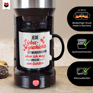 22Feels® Pärchen Geschenk zum Jahrestag, Hochzeitstag, Valentinstag etc. - Tasse mit Spruch: Jede Liebesgeschichte (Weiss-Schwarz, 320ml)-TwoTone Tasse Weiss-Schwarz 320ml-22Feels