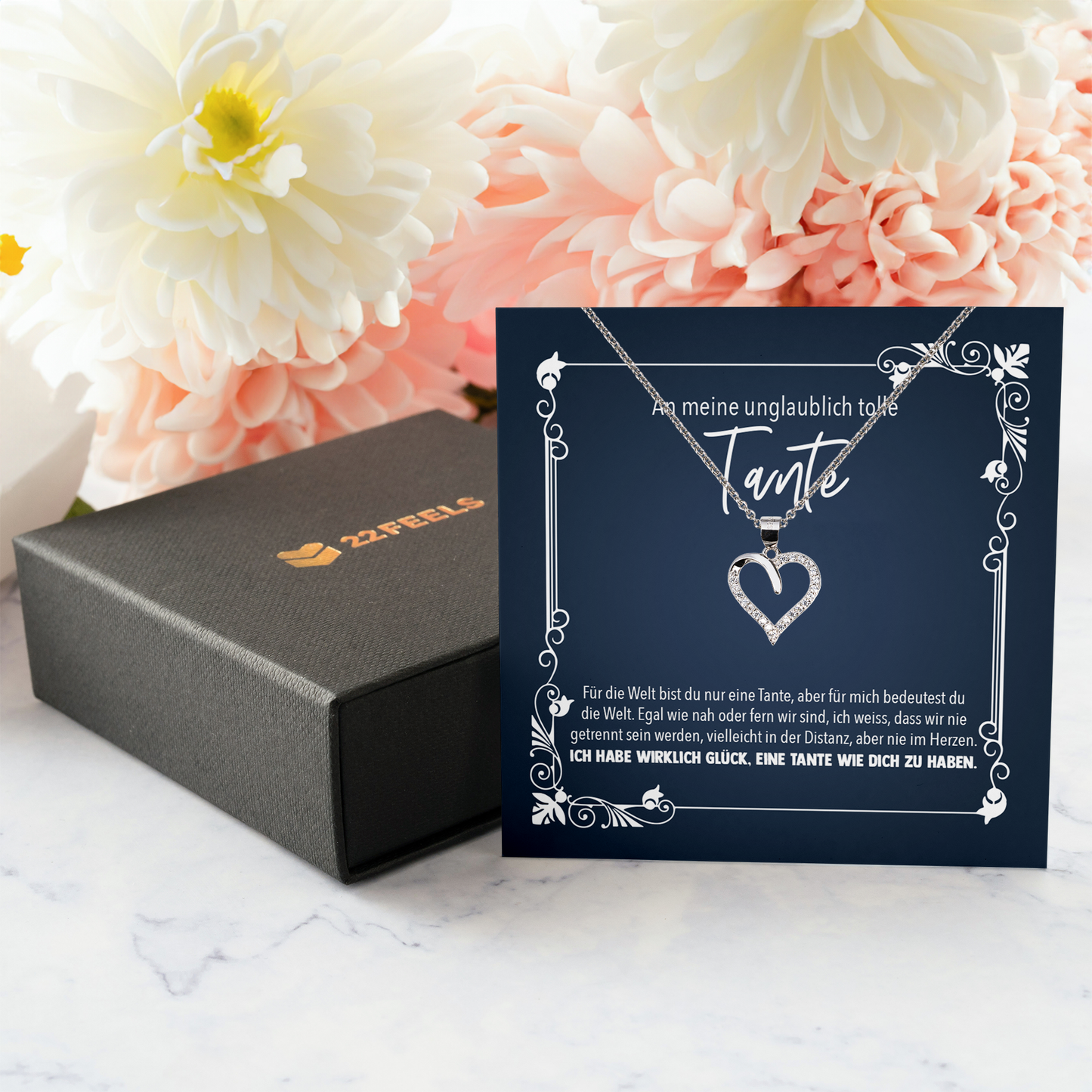 22Feels® Tante Geschenk - Echt Silber 925/000 Schmuckset: Herz Halskette mit Botschaftskarte-Schmuck mit Botschaftskarte - Herz21-22Feels