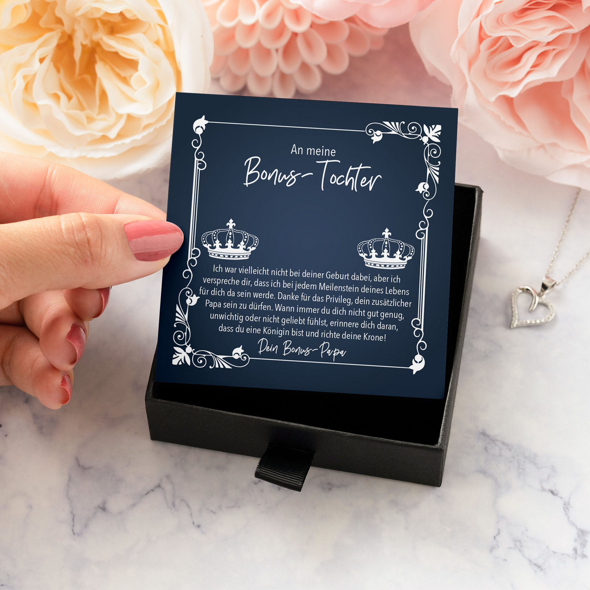 22Feels® Stieftochter Geschenk vom Stiefpapa - Echt Silber 925/000 Schmuckset: Herz Halskette mit Botschaftskarte-Schmuck mit Botschaftskarte - Herz21-22Feels