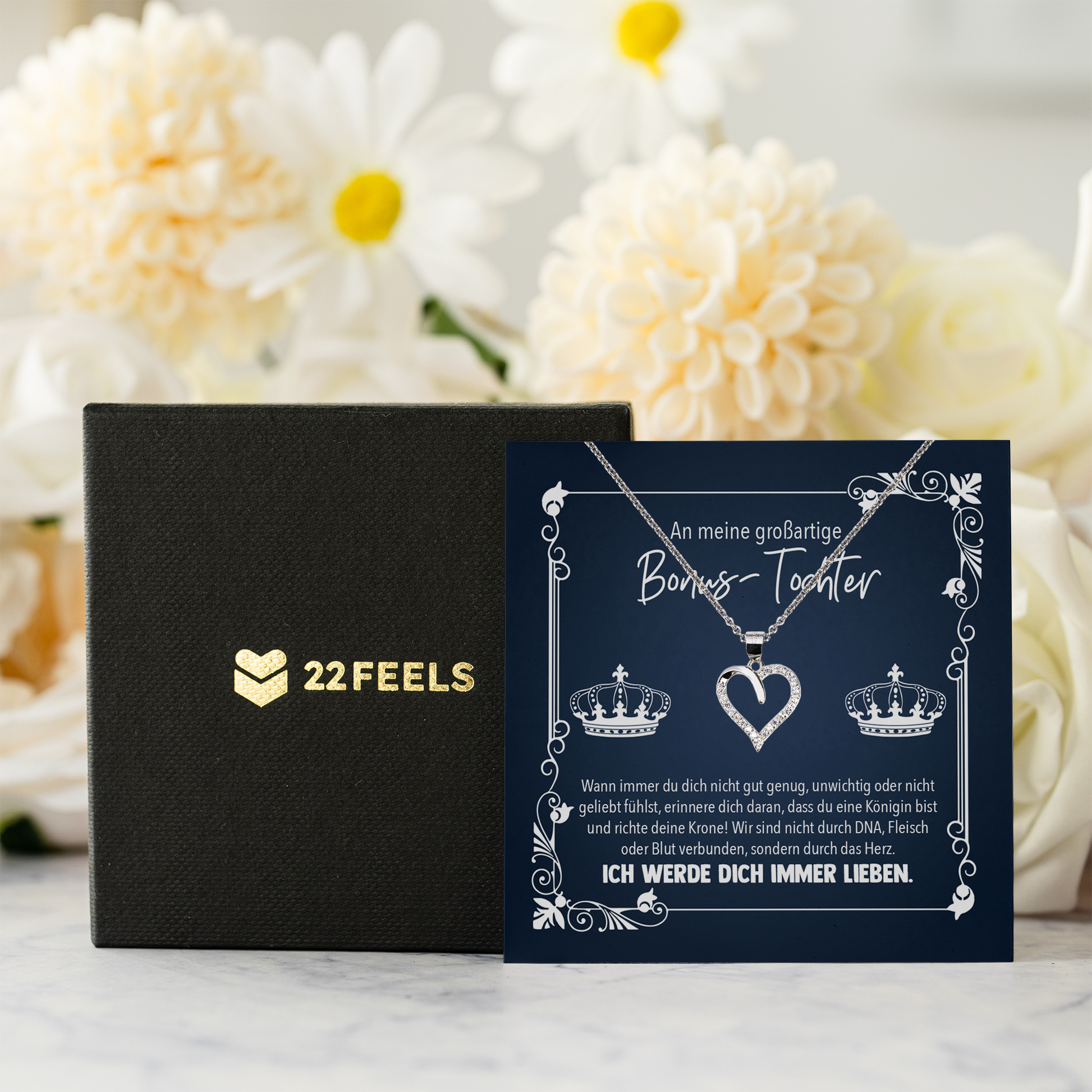 22Feels® Stieftochter Geschenk von der Stiefmama - Echt Silber 925/000 Schmuckset: Herz Halskette mit Botschaftskarte-Schmuck mit Botschaftskarte - Herz21-22Feels