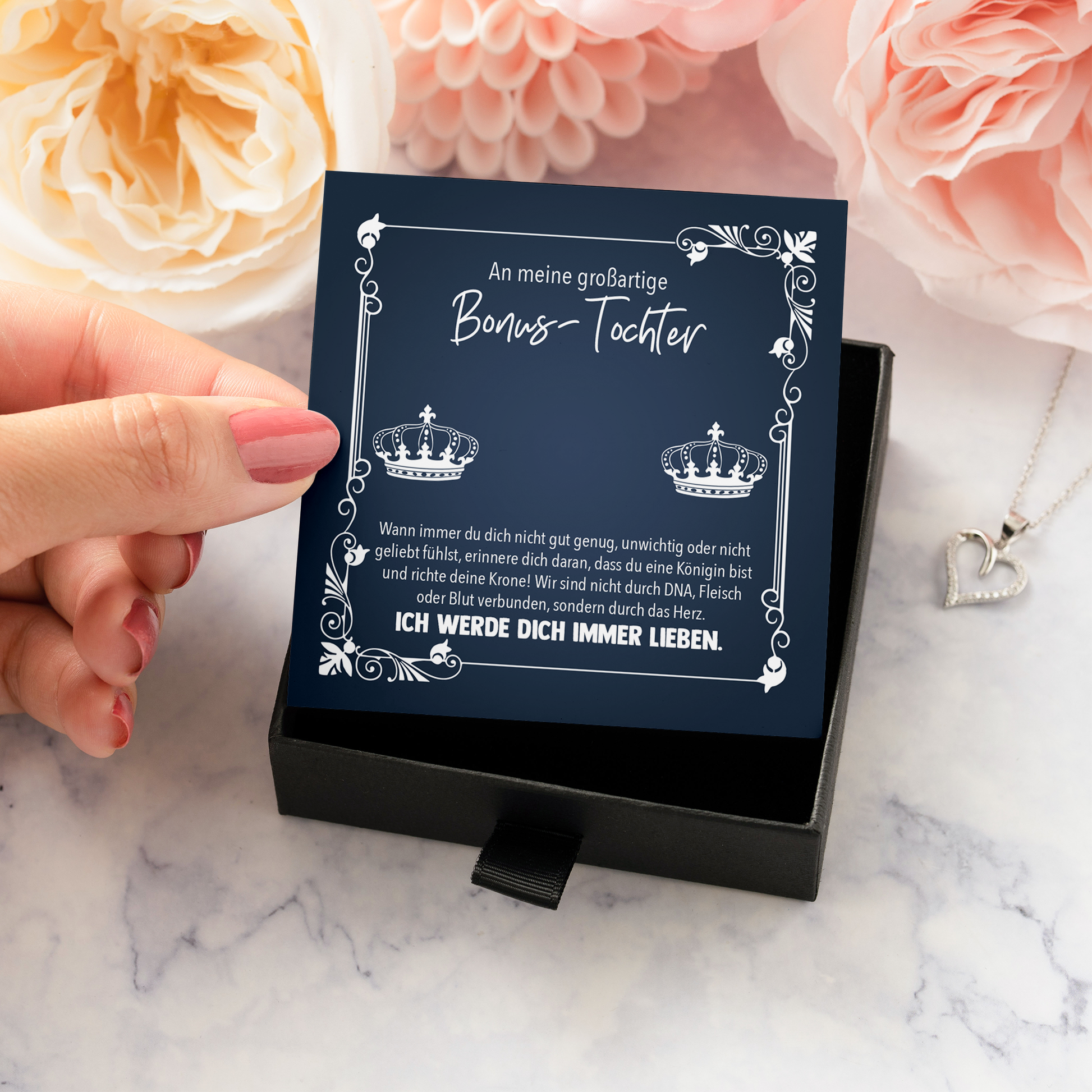 22Feels® Stieftochter Geschenk von der Stiefmama - Echt Silber 925/000 Schmuckset: Herz Halskette mit Botschaftskarte-Schmuck mit Botschaftskarte - Herz21-22Feels