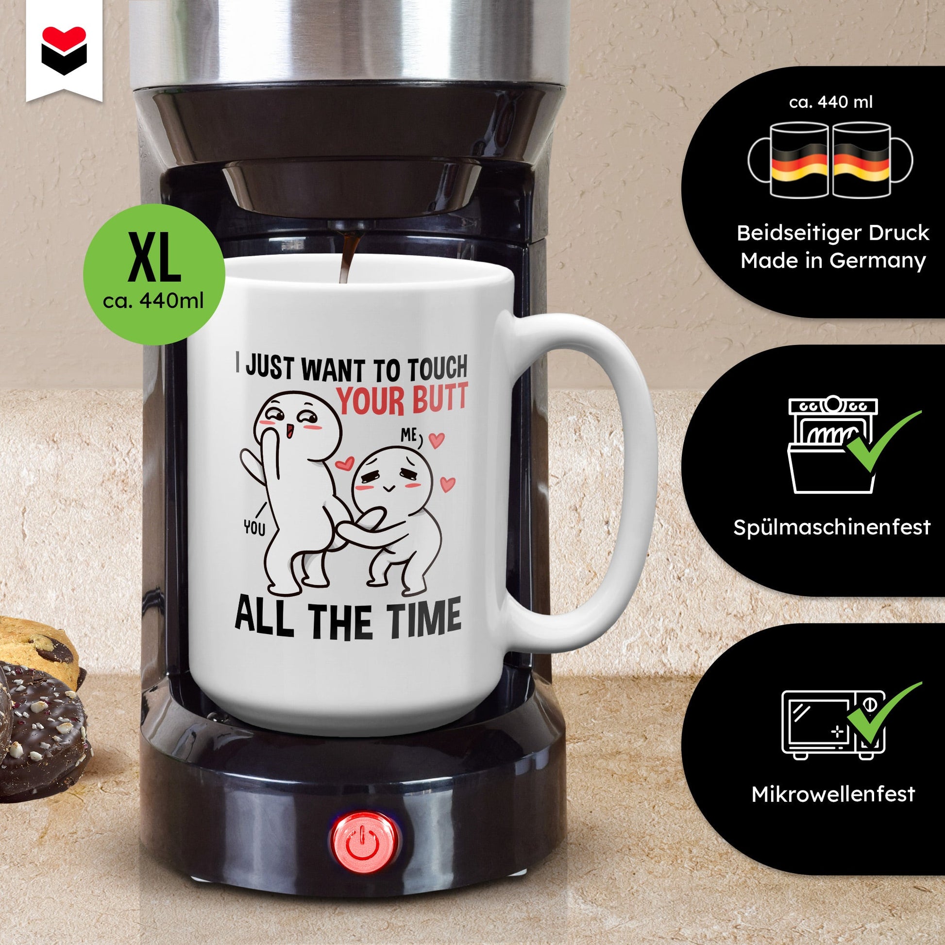 22Feels® Pärchen Geschenk zum Jahrestag, Hochzeitstag, Valentinstag etc. - XL Tasse mit Spruch: I just want to touch your butt all the time (Weiss, 440ml)-Weisse XL Tasse 440ml-22Feels