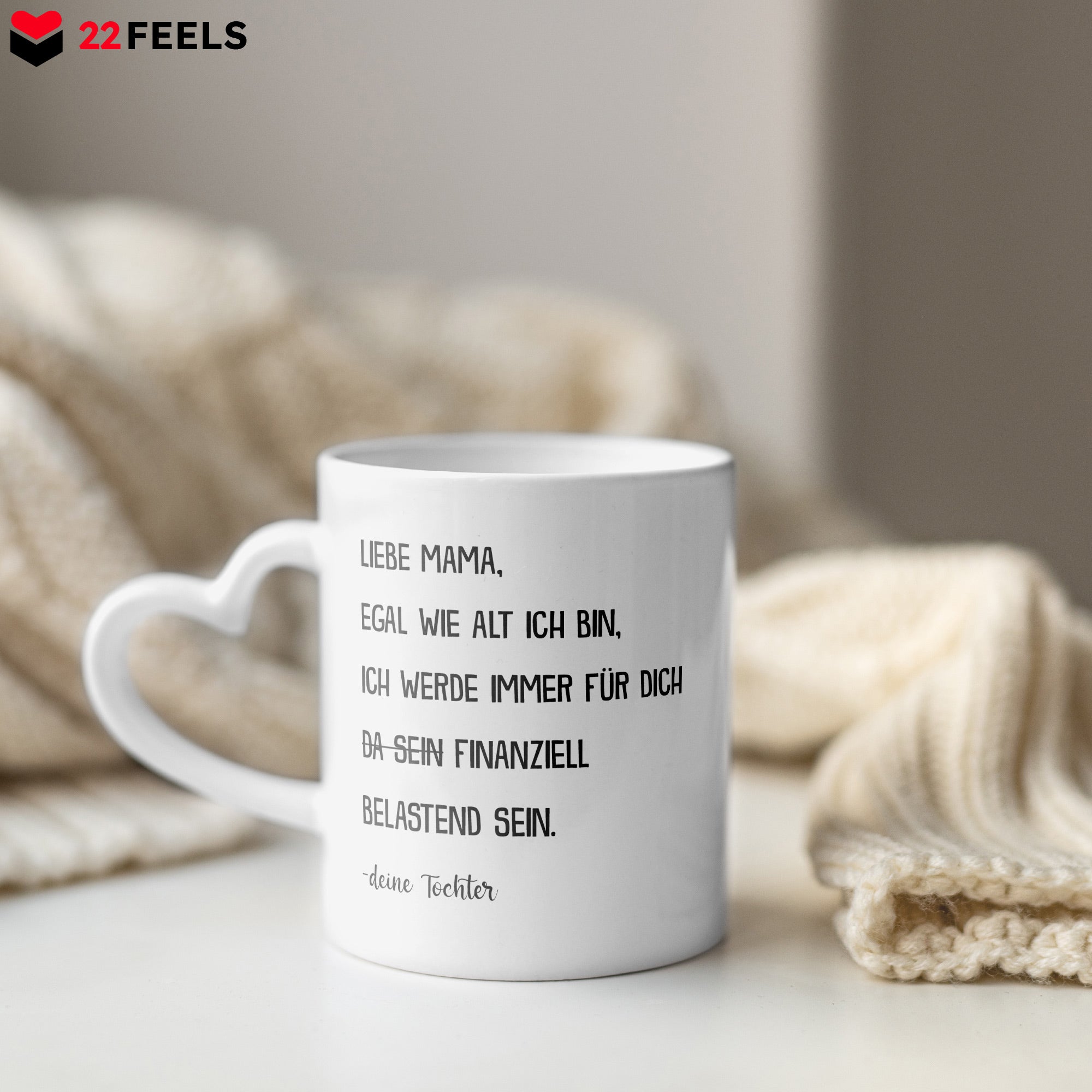 22Feels® Mama Geschenk von Tochter - Tasse mit Spruch (Herzhenkel, Weiss, 320ml)-Tasse Weiss Herzhenkel 320ml-22Feels