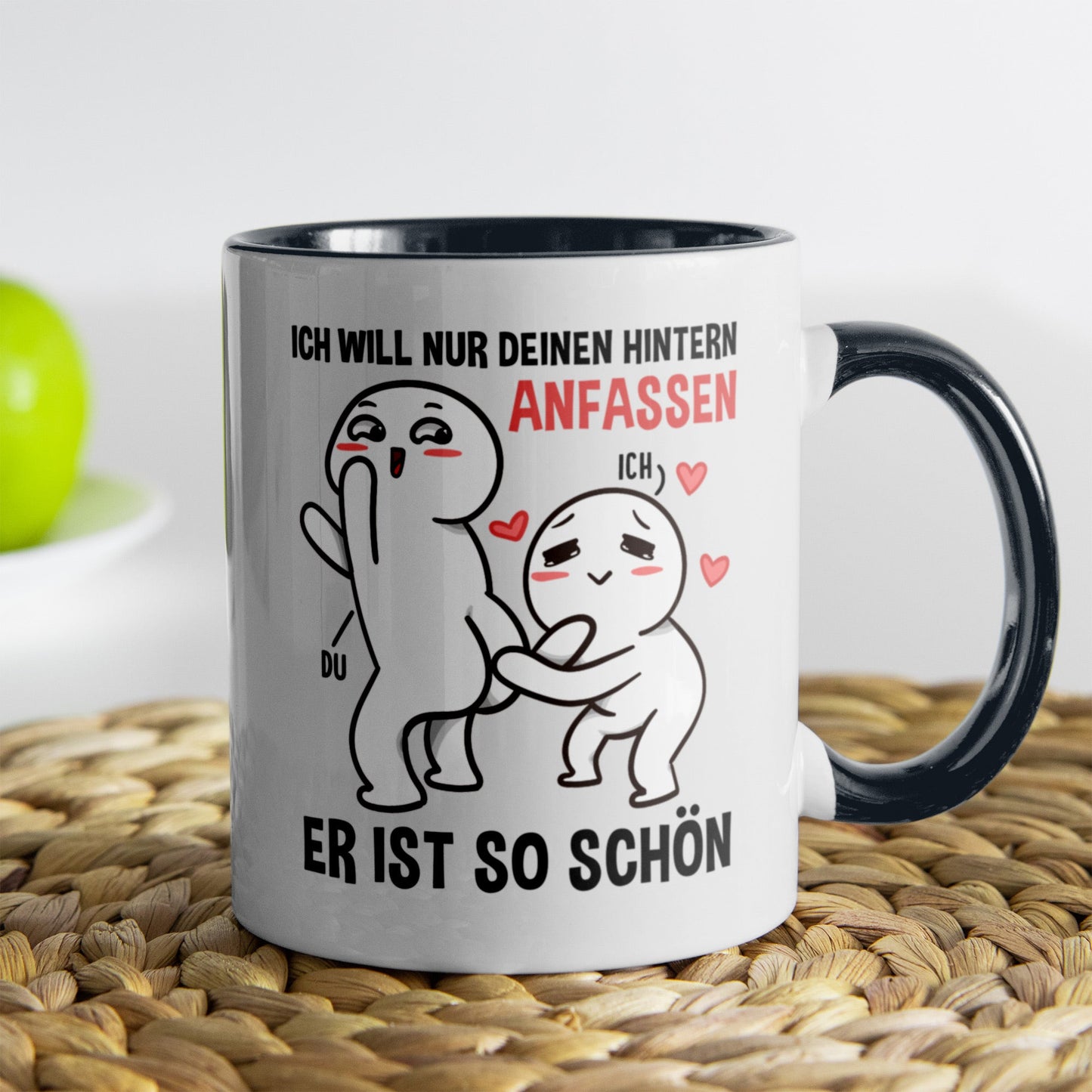 22Feels® Pärchen Geschenk zum Jahrestag, Hochzeitstag, Valentinstag etc. - Tasse mit Spruch: Ich will nur deinen Hintern anfassen, Er ist so schön (Weiss-Schwarz, 320ml)-TwoTone Tasse Weiss-Schwarz 320ml-22Feels