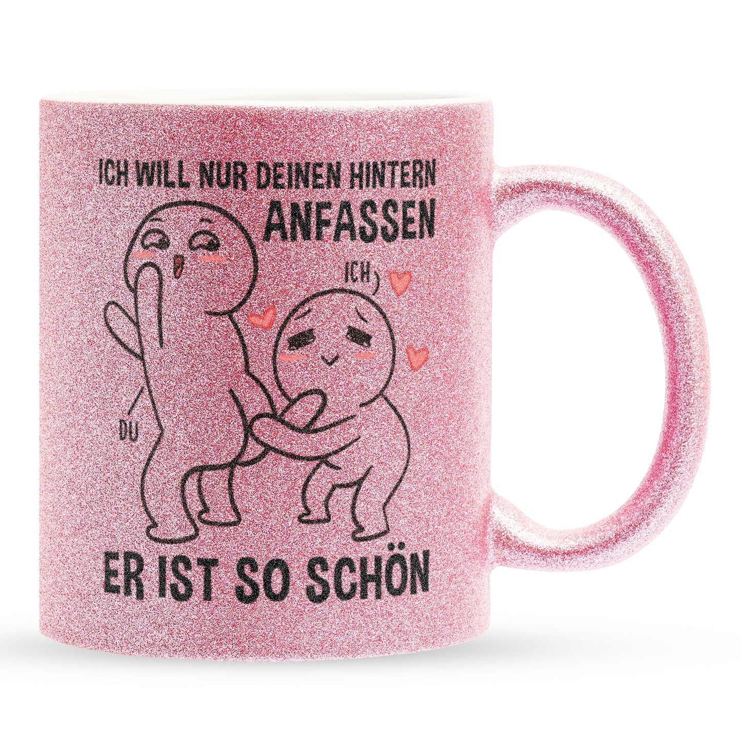 22Feels® Pärchen Geschenk zum Jahrestag, Hochzeitstag, Valentinstag etc. - Glitzertasse mit Spruch: Ich will nur deinen Hintern anfassen, Er ist so schön (Pink, 320ml)-Glitzertasse Pink 320ml-22Feels
