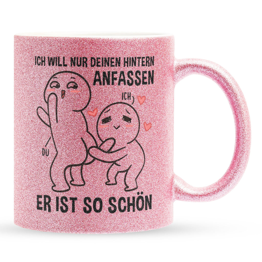 22Feels® Pärchen Geschenk zum Jahrestag, Hochzeitstag, Valentinstag etc. - Glitzertasse mit Spruch: Ich will nur deinen Hintern anfassen, Er ist so schön (Pink, 320ml)-Glitzertasse Pink 320ml-22Feels