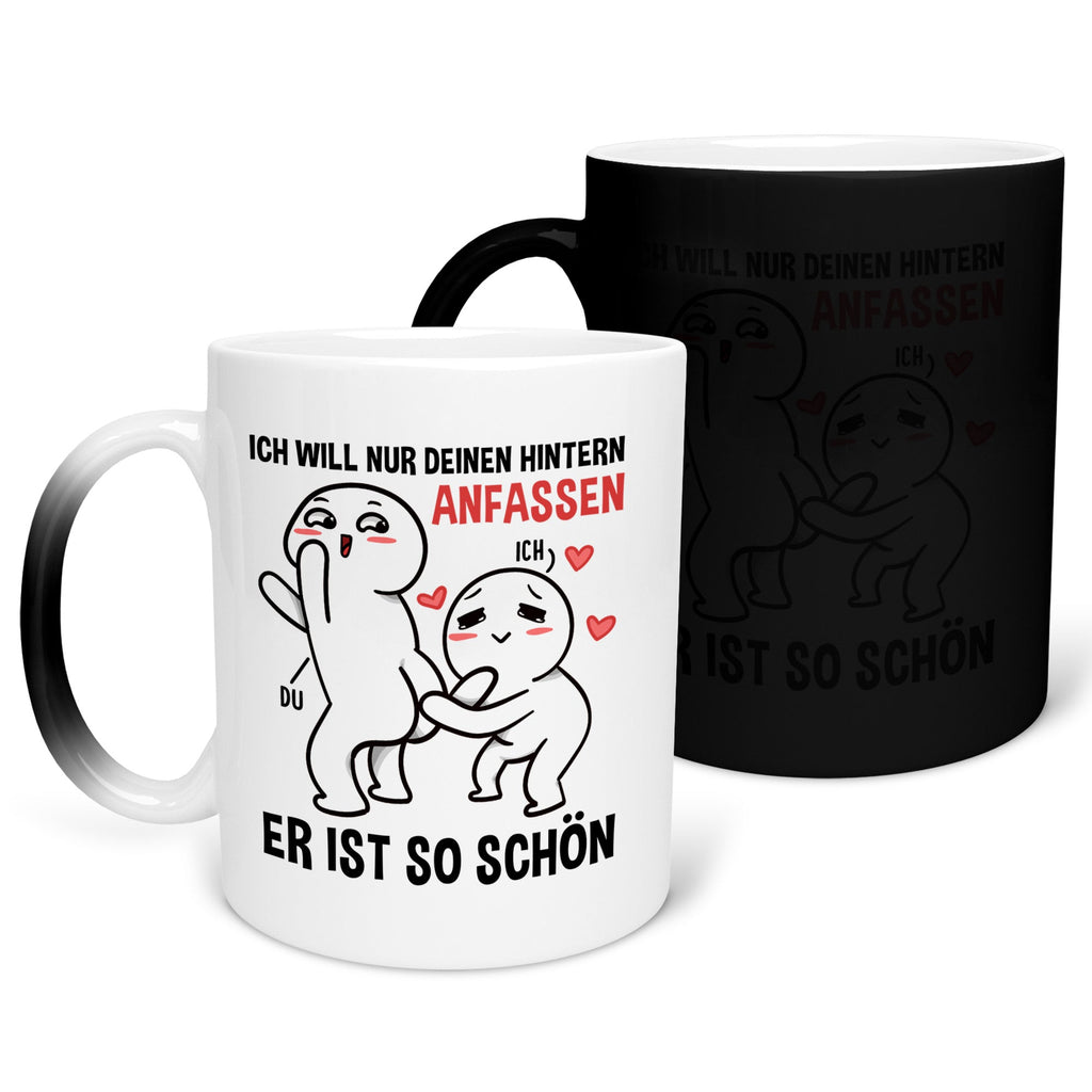 22Feels® Pärchen Geschenk zum Jahrestag, Hochzeitstag, Valentinstag etc. - Zaubertasse mit Spruch: Ich will nur deinen Hintern anfassen, Er ist so schön (Matt-Schwarz und Weiss, 320ml)-Farbwechsel Tasse Matt 320ml-22Feels