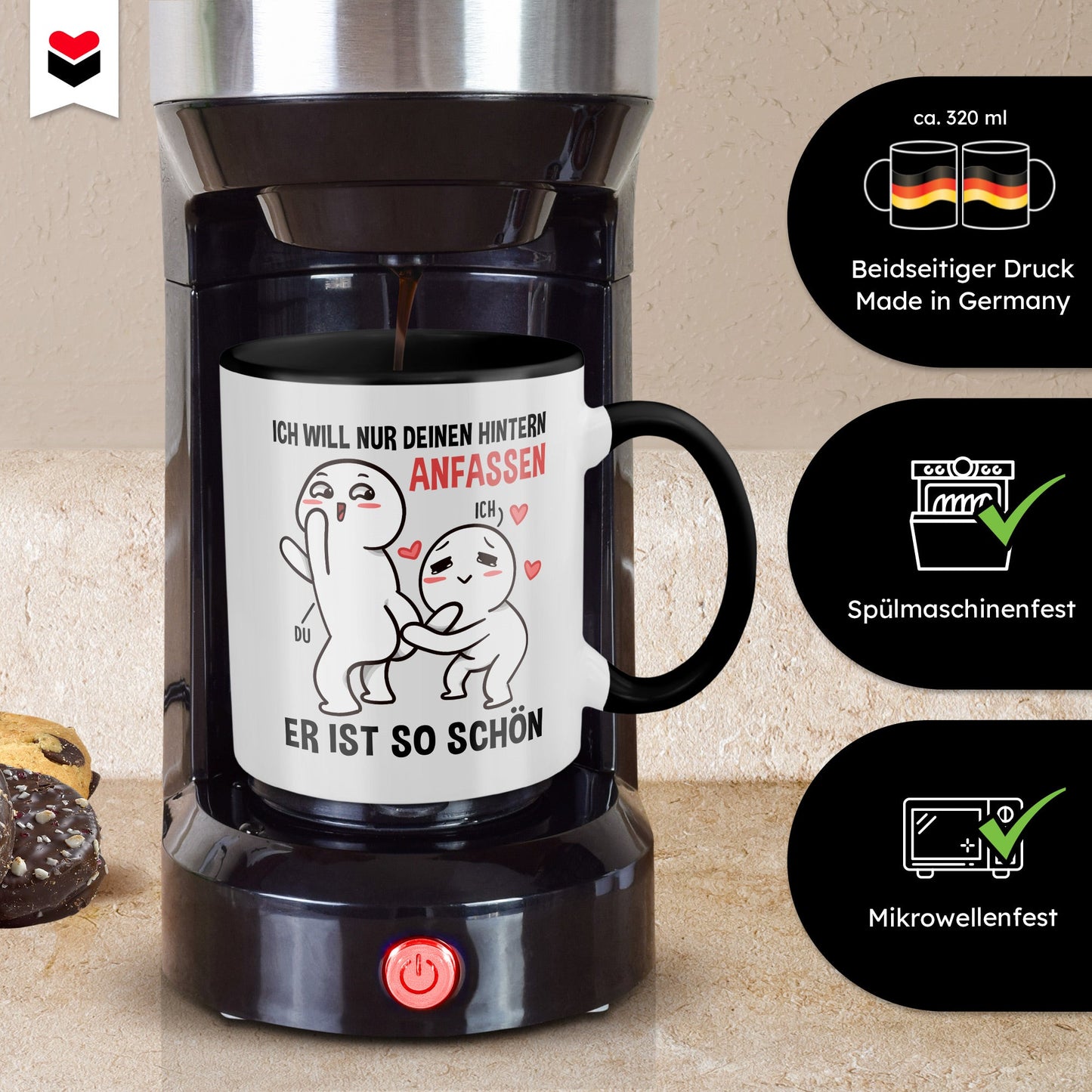 22Feels® Pärchen Geschenk zum Jahrestag, Hochzeitstag, Valentinstag etc. - Tasse mit Spruch: Ich will nur deinen Hintern anfassen, Er ist so schön (Weiss-Schwarz, 320ml)-TwoTone Tasse Weiss-Schwarz 320ml-22Feels