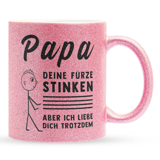22Feels® ORIGINAL Glitzertasse - Vater Geschenk - Spruch: Papa, Deine Fürze Stinken (Pink, 320ml)-Glitzertasse Pink 320ml-22Feels
